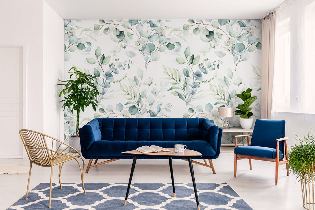 Small Green Vessels Wallpaper Mural in the livingroom flowers and leaves blue and geen