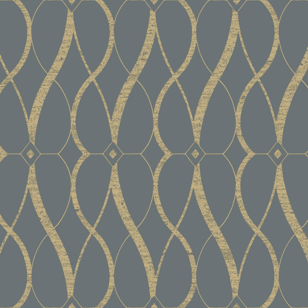 Discover York Wallcoverings' Smoke & Gold Graceful Geo Wallpaper (60 SqFt) from the Modern Metals Collection. This elegant design features interlocking gold ovals on a dark blue background, highlighted by diamond shapes, adding sophistication to any space.