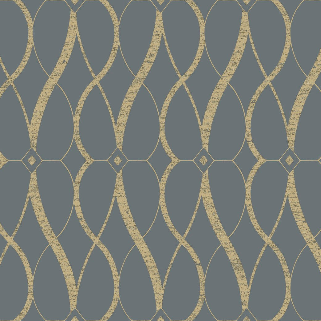 Discover York Wallcoverings' Smoke & Gold Graceful Geo Wallpaper (60 SqFt) from the Modern Metals Collection. This elegant design features interlocking gold ovals on a dark blue background, highlighted by diamond shapes, adding sophistication to any space.