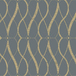 Discover York Wallcoverings' Smoke & Gold Graceful Geo Wallpaper (60 SqFt) from the Modern Metals Collection. This elegant design features interlocking gold ovals on a dark blue background, highlighted by diamond shapes, adding sophistication to any space.