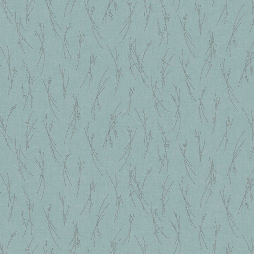 The Smokey Blue & Silver Sprigs Wallpaper by York Wallcoverings features a subtle, natural texture with a light blue background and a delicate pattern of thin branches in a darker smokey blue shade.