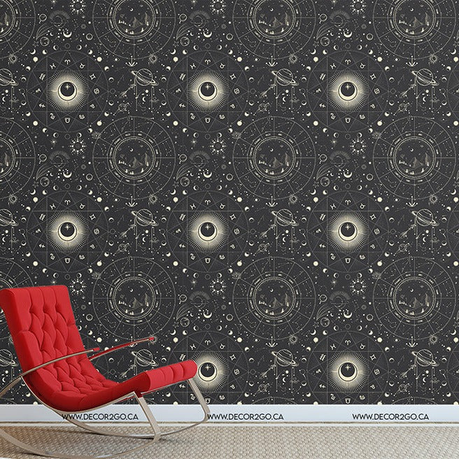 Modern red rocking chair in a room with a unique black and white Decor2Go Wallpaper Mural featuring intricate designs with circles and dots.