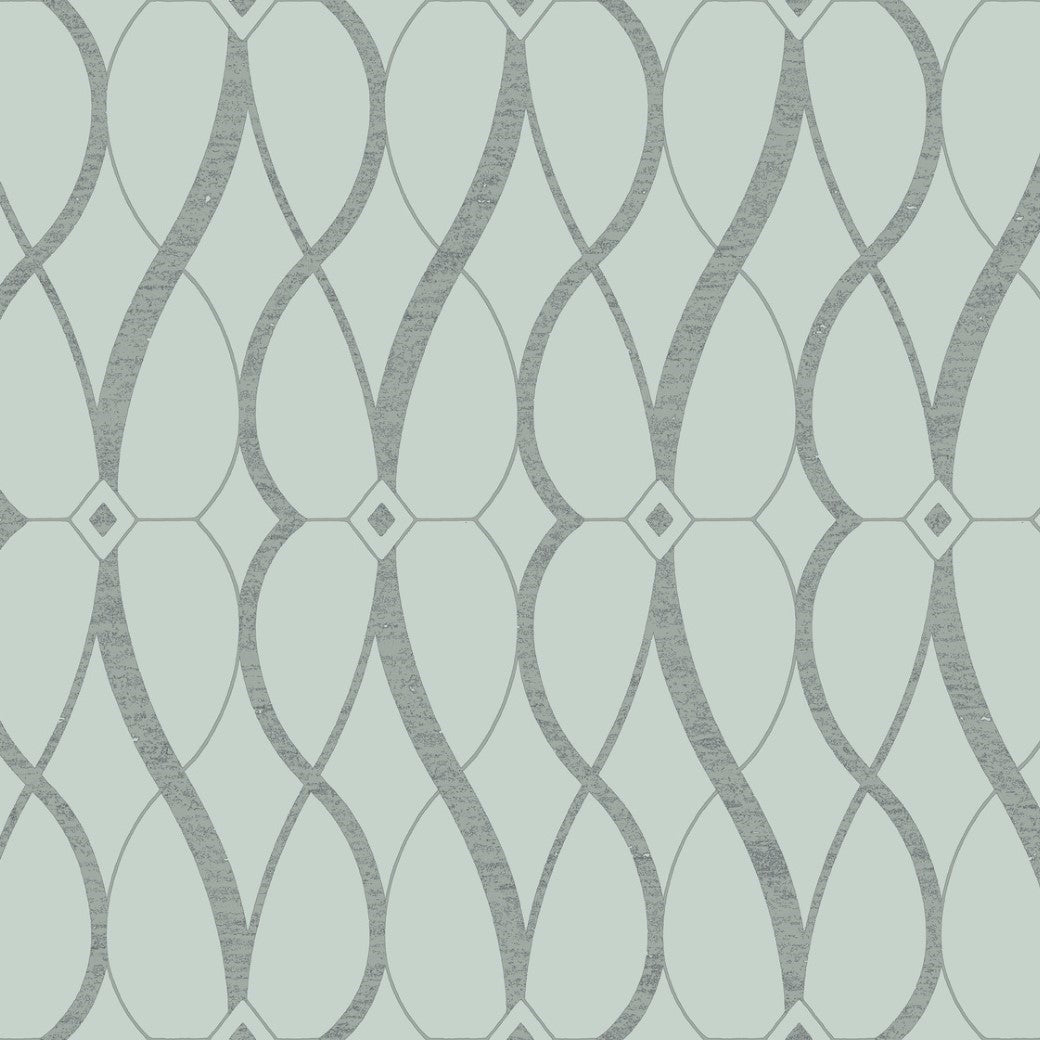 York Wallcoverings' Spa & Silver Graceful Geo Wallpaper (60 SqFt) features a geometric design with interlocking curves and diamonds in light gray and mint green, accented by metallic finishes, offering a symmetrical and modern look from the Modern Metals Collection.