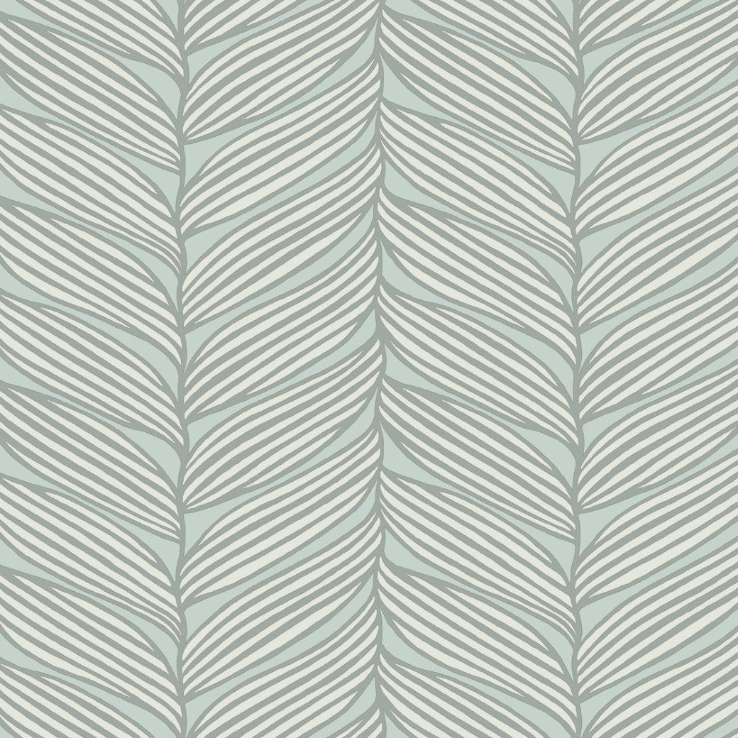 The Spa & Silver Luminous Leaves Wallpaper by York Wallcoverings features a seamless geometric pattern with oversized palm leaves in light green and cream tones, offering a textured, repetitive design.