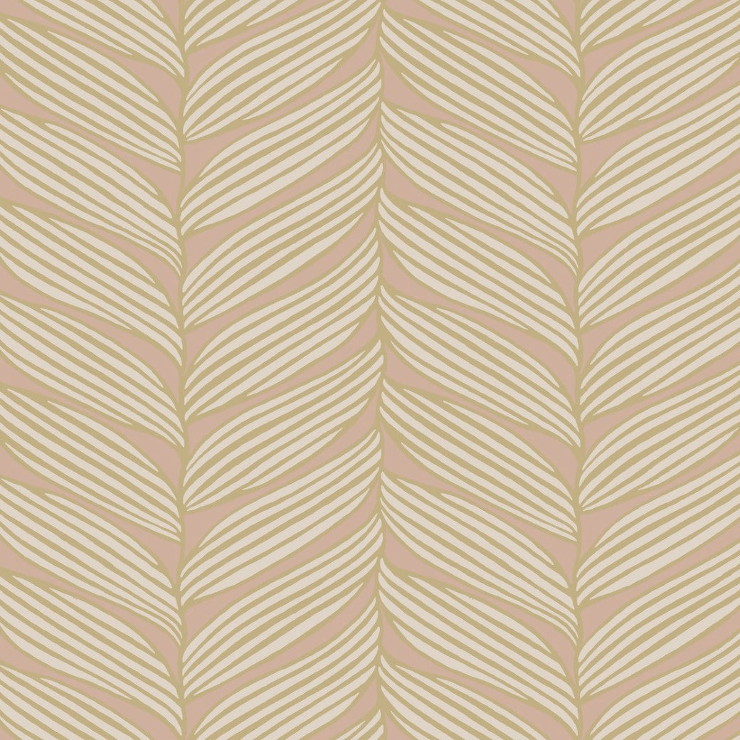 The Blush & Gold Luminous Leaves Wallpaper by York Wallcoverings features a seamless pattern of beige and cream wavy lines on a light brown background, creating an elegant vertical flow with both natural and abstract appeal.