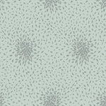 York Wallcoverings' Spa & Silver Petite Leaves Wallpaper (60 SqFt) features a seamless pattern of delicate, swirling leaf-like shapes in muted gray with metallic accents on a soft green background, offering a calming modern effect reminiscent of Modern Metals Second Edition.