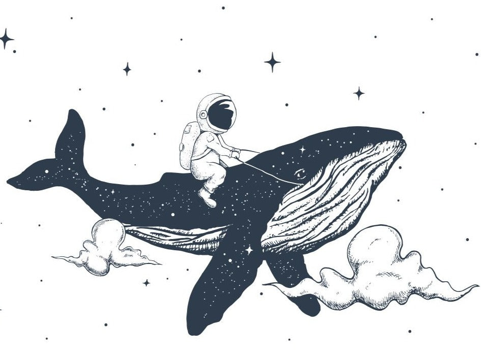 An astronaut rides a Space Whale Wallpaper Mural from Decor2Go Wallpaper Mural through a starry sky, resembling outer space. The scene includes floating clouds and scattered stars, rendered in a dream-like aesthetic.