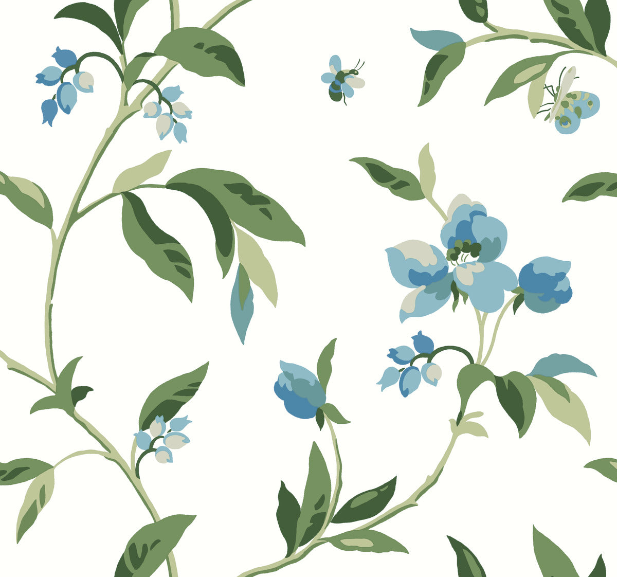 A seamless pattern of green vines and light blue flowers with green leaves on a white background, perfect for York Wallcoverings' Springtime Midnight/Multi Wallpaper Black, Blue (60 Sq.Ft.). This whimsical design offers easy installation for a fresh and enchanting look in any room.