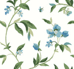 A seamless pattern of green vines and light blue flowers with green leaves on a white background, perfect for York Wallcoverings' Springtime Midnight/Multi Wallpaper Black, Blue (60 Sq.Ft.). This whimsical design offers easy installation for a fresh and enchanting look in any room.