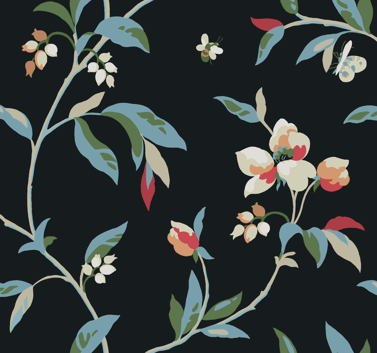 A dark floral pattern featuring winding branches with greenish-blue leaves, and clusters of cream, pink, and red flowers in full bloom. A small bee and a butterfly are also present amongst the foliage. This whimsical design on Springtime Midnight/Multi Wallpaper Black, Blue (60 Sq.Ft.) by York Wallcoverings has a solid black background enhancing the vibrant colors.