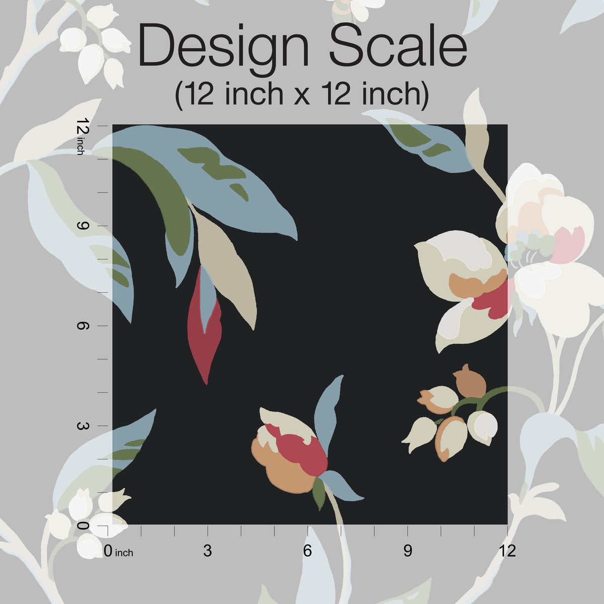 A whimsical design with large white flowers and green leaves is shown on a 12 inch by 12 inch black square. Smaller red and beige buds are also present. The background outside the black square features larger versions of the same floral pattern in pastel colors. The text "Design Scale (12 inch x 12 inch)" is written above the square, perfect for easy installation as York Wallcoverings Springtime Midnight/Multi Wallpaper Black, Blue (60 Sq.Ft.).