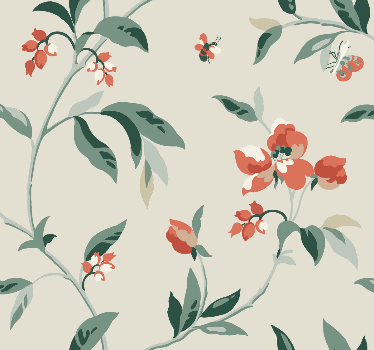 Illustration of a floral pattern featuring vines with green leaves and red flowers on a light beige background. Scattered throughout the whimsical design are small pink and red butterflies and blossoms, perfect for York Wallcoverings Springtime Midnight/Multi Wallpaper Black, Blue (60 Sq.Ft.), promising easy installation.