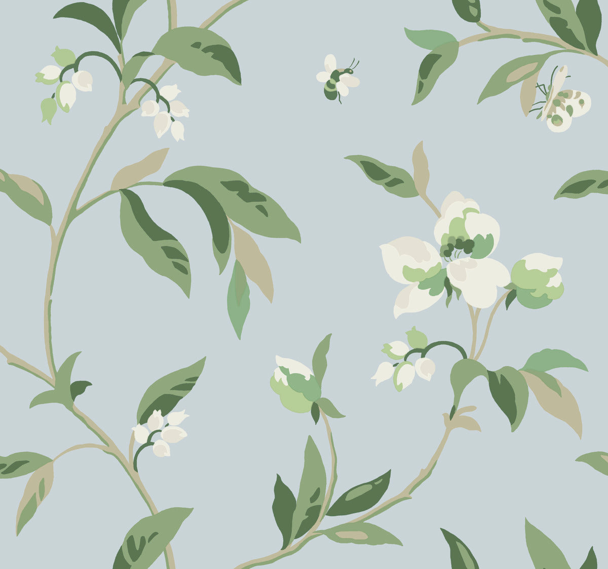 A light blue background with an illustration featuring green leaves and white flowers on winding branches. The whimsical design is stylized and simple, with soft color gradients adding depth. This **York Wallcoverings Springtime Midnight/Multi Wallpaper Black, Blue (60 Sq.Ft.)** offers easy installation for a fresh, nature-inspired look.