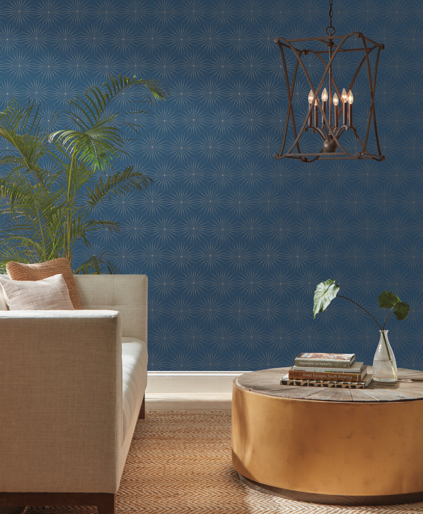 Natural boho living room furniture with star print wallpaper