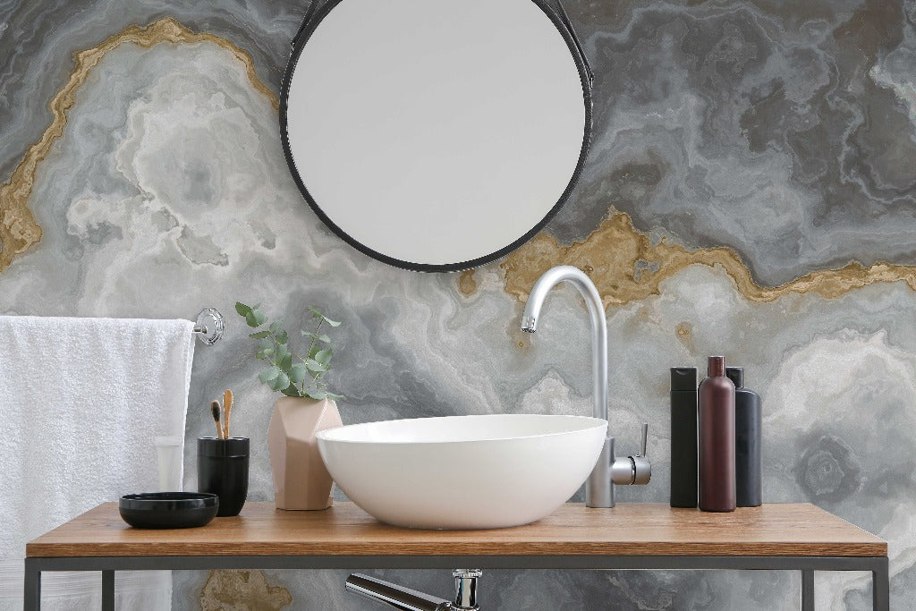 Bathroom - Stone Beach Wallpaper Mural in the bathroom marble gray with gold fractions