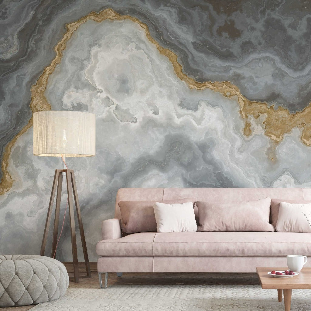 Stone Beach Wallpaper Mural in the livingroom marble gray with gold fractions
