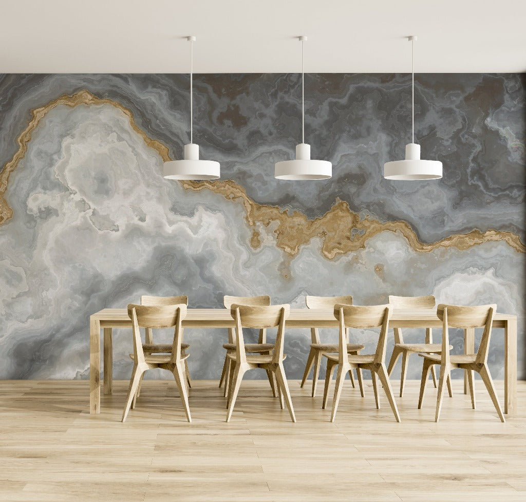 Dining Room - Stone Beach Wallpaper Mural in the dining room marble gray with gold fractions