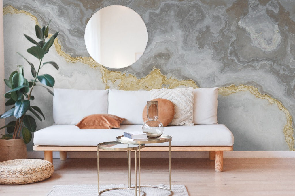 Stone Beach Wallpaper Mural in the livingroom marble gray with gold fractions