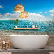 Bathroom - Summer Beach Waves Wallpaper Mural in the bathroom
