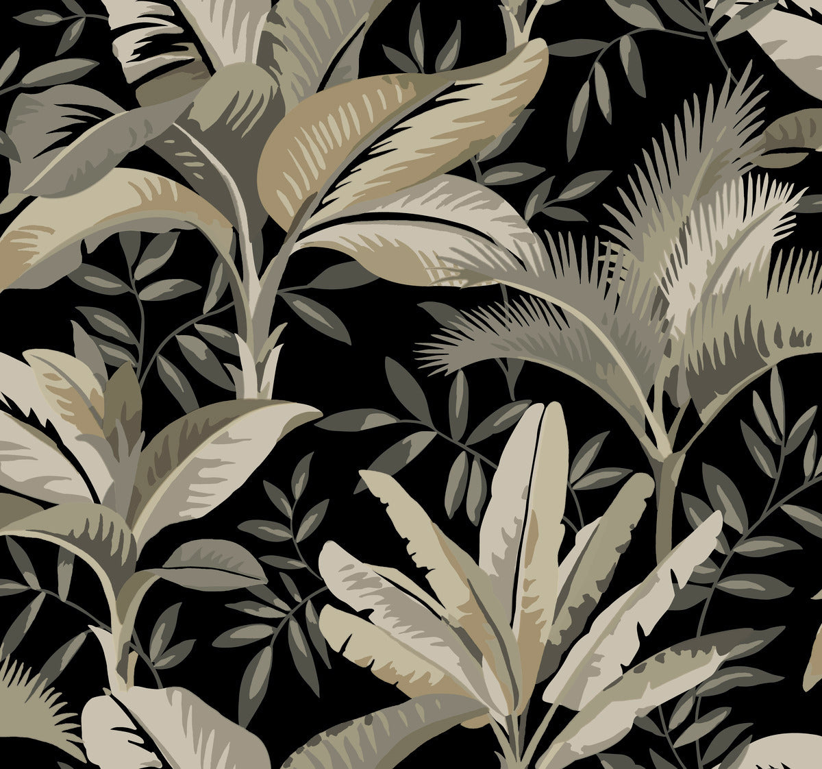 A seamless pattern featuring various tropical leaves in beige, cream, and gray tones set against a black background. This Summerhouse Savanna Wallpaper Blue, Beige (60 Sq.Ft.) by York Wallcoverings includes large banana leaves and intricate palm fronds, creating a natural and elegant look. It's removable wallpaper for easy installation.