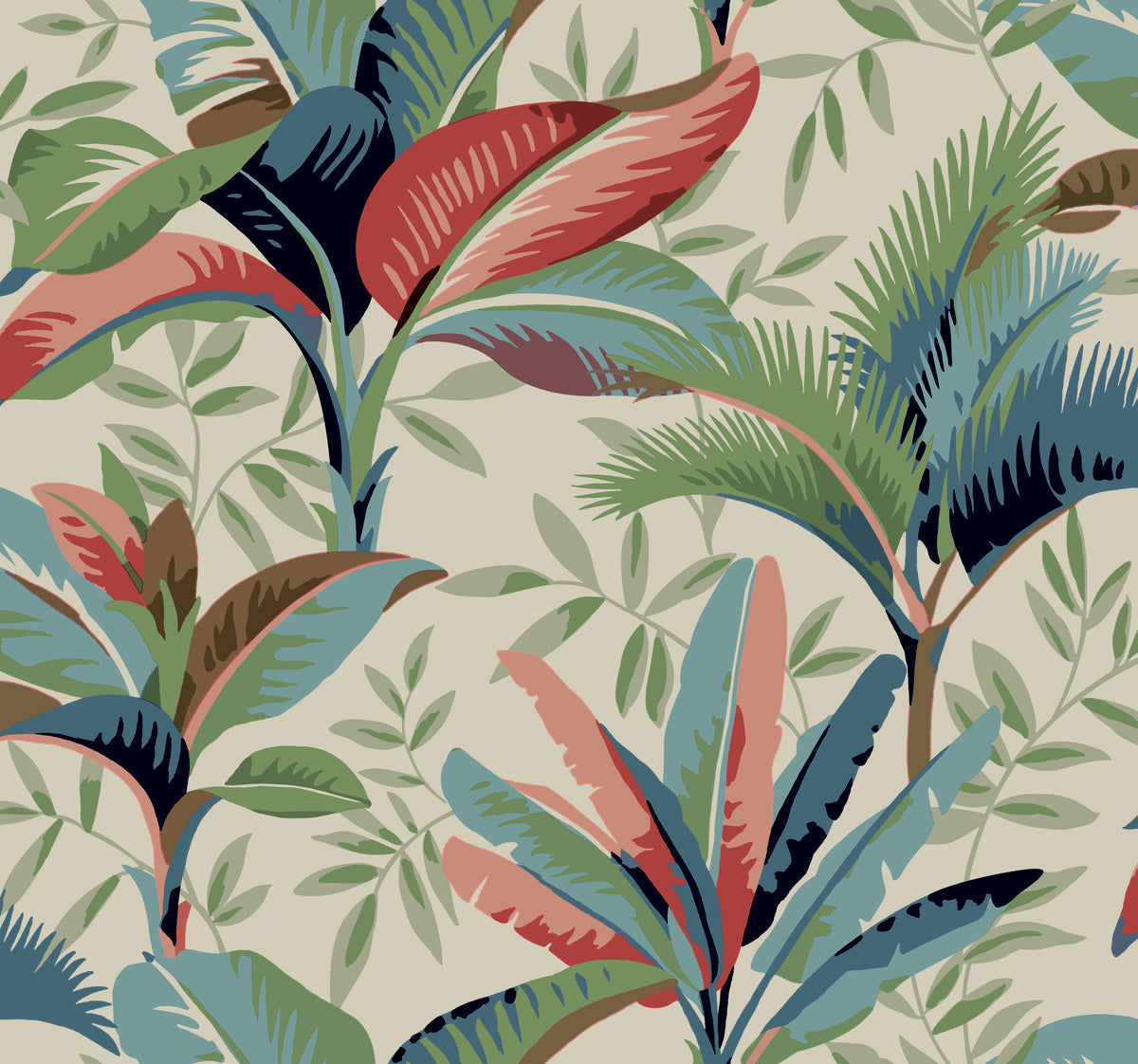 A colorful, tropical leaf pattern with various shades of blue, green, red, and beige. The leaves are large and spiky, creating a dense and vibrant composition on a light background—perfect for adding a touch of tropical living to any space with York Wallcoverings' Summerhouse Peacock Wallpaper Blue, Green (60 Sq.Ft.).