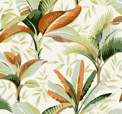 A seamless tropical wallpaper pattern featuring large, overlapping leaves in various shades of green, brown, and beige. The intricately detailed leaves create a lush, dense jungle-like texture against a light background. This York Wallcoverings Summerhouse Midnight Wallpaper Black, Brown (60 Sq.Ft.) brings waterfront luxury to any space.