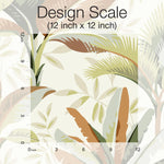 Illustrative image showcasing a Summerhouse Midnight Wallpaper Orange, Green design scale with a botanical theme of various tropical leaves and plants in muted colors. Rulers on the left and bottom edge measure the size.