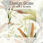 A square overlay with grid lines measures a 12 inch by 12 inch section of the York Wallcoverings Summerhouse Midnight Wallpaper Black, Brown (60 Sq.Ft.) pattern featuring various leaves in green, brown, and tan hues. The light background allows the leafy design to stand out. Text states "Design Scale (12 inch x 12 inch).