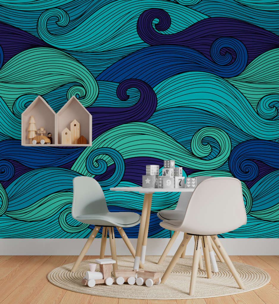 blue torques green waves wallpaper mural in a small kids room with the white furniture