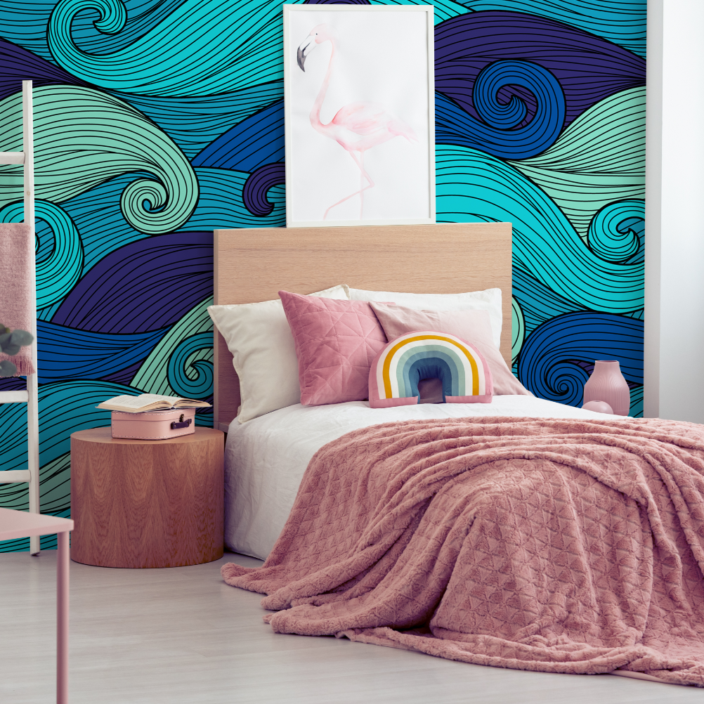 blue torques green waves wallpaper mural in a pink girls room 