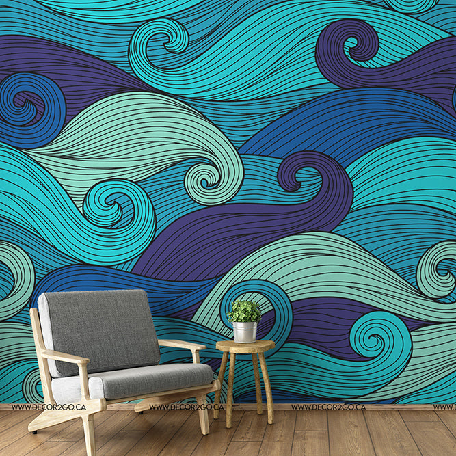 blue torques green waves wallpaper mural in a classical living  room with modern chair