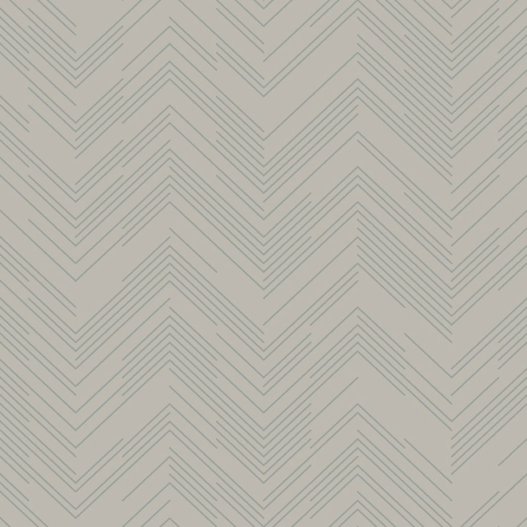 The Taupe & Silver Polished Chevron Wallpaper by York Wallcoverings features a zigzag design with thin blue lines, creating a geometric elegance on a light beige background.