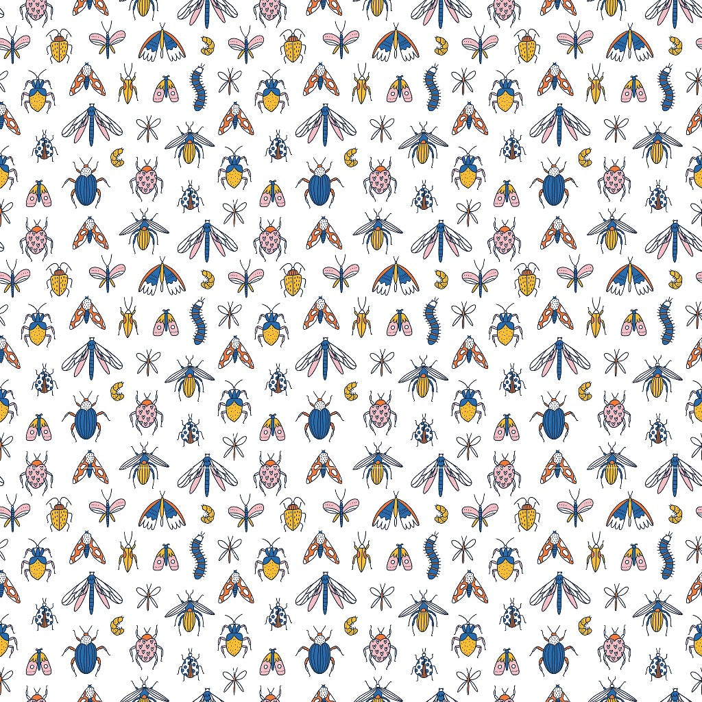 Colorful Decor2Go Wallpaper Mural featuring various types of beetles and bugs in multiple colors and orientations on a white background. The design is detailed and dense, creating a lively texture suitable for a contemporary feature.