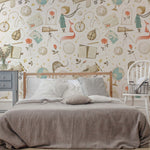 A bed in a children's space with a Decor2Go Wallpaper Mural nightstand next to a white chair.