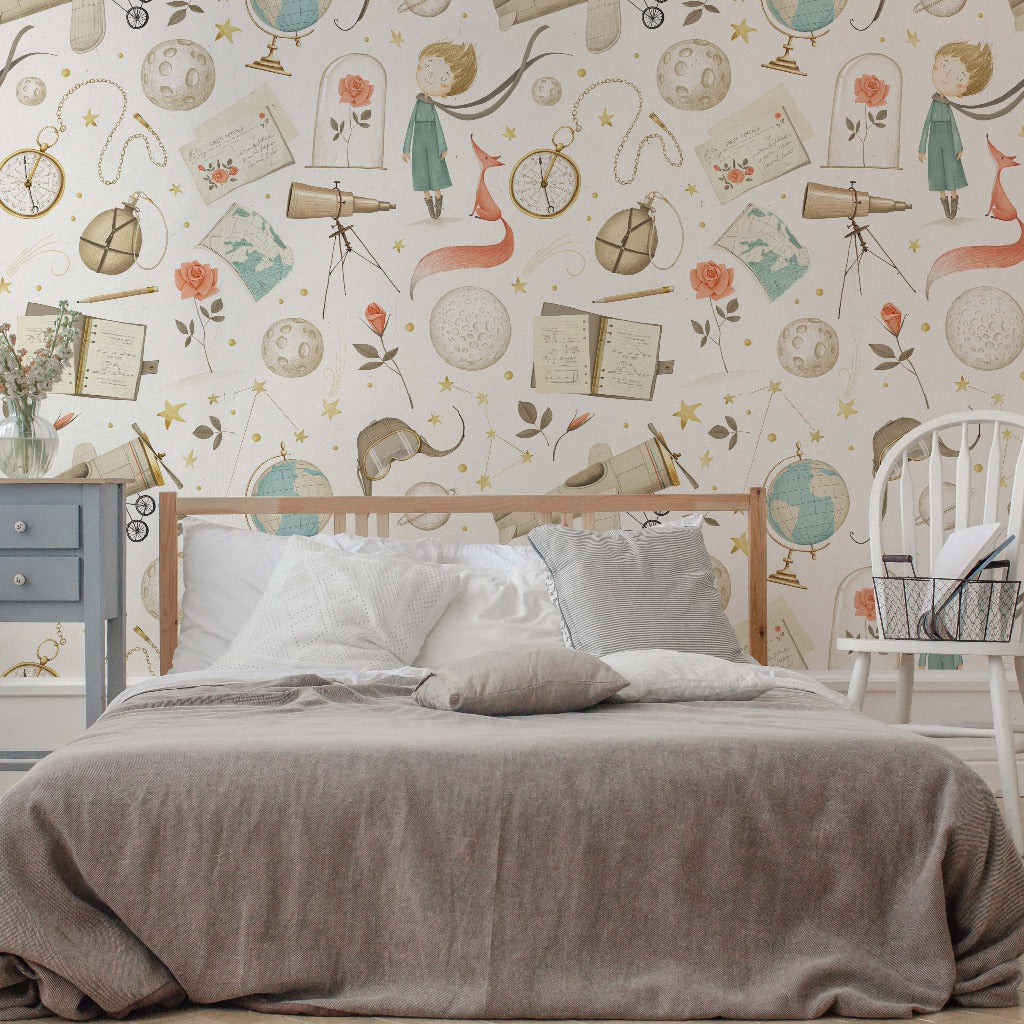 A bed in a children's space with a Decor2Go Wallpaper Mural nightstand next to a white chair.
