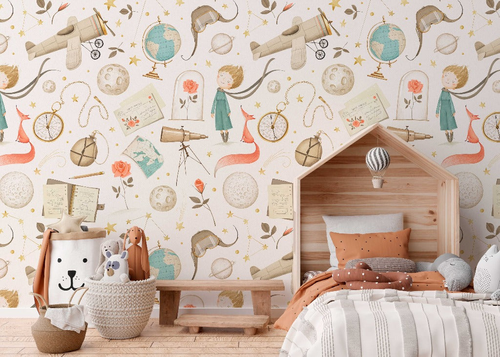 A cozy children's space with Decor2Go Wallpaper Mural's The Little Prince Wallpaper Mural, a wooden house-shaped bed frame, soft toys, and a small wooden bench.