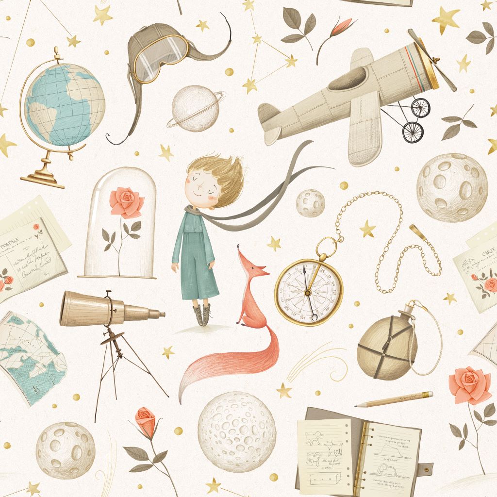 Illustration of a whimsical scene with a boy in a green coat and a red fox surrounded by celestial and fantasy exploration elements like globes, maps, a plane, and a telescope on a Decor2Go Wallpaper Mural.