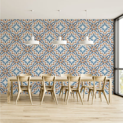 Modern dining room featuring a wooden table with chairs, Decor2Go Wallpaper Mural Moroccan-style tile wall, three hanging lamps, and large windows with a city view. Light wooden flooring complements the bright interior.