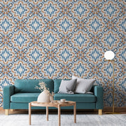 Living Room - A cozy living room featuring a teal sofa with gray cushions, set against a feature wall with Decor2Go Wallpaper Mural's Tile Wallpaper II Wallpaper Mural. A round wooden coffee table and a modern lamp complete the scene.