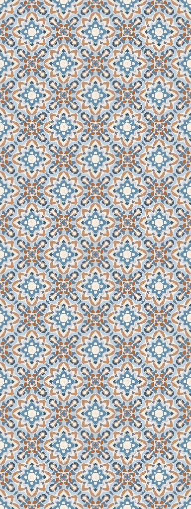 A seamless, repeating pattern featuring interlocking blue and orange shapes set against a light background. The design, reminiscent of Moroccan-style tiles, creates an intricate, symmetrical motif with a geometric feel perfect for Tile Wallpaper II Wallpaper Mural by Decor2Go Wallpaper Mural and custom sizing options.