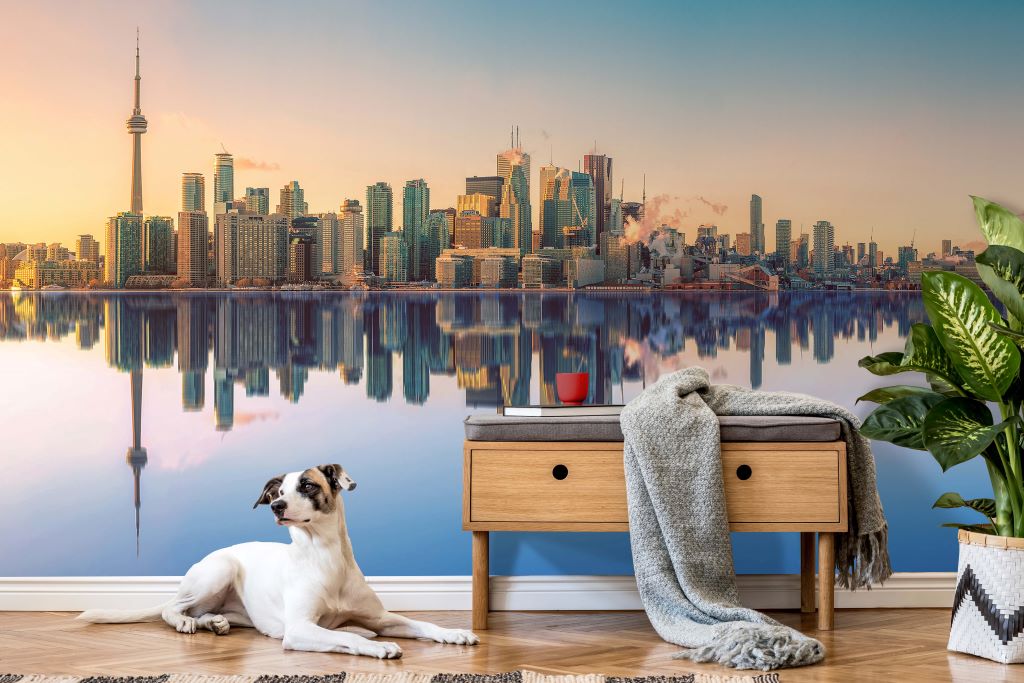 A serene indoor scene with a dog lying next to a wooden side table, which holds a mug and a draped gray blanket, against a large Decor2Go Wallpaper Mural of the Toronto Skyline reflected in water.