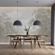 Dining Room - A modern dining room includes a wooden table with four chairs, two pendant lights above, and a vase with greenery in the center. The wall showcases Decor2Go's Tranquil Horizons Scenic Wallpaper Mural, while the floor is light wood.