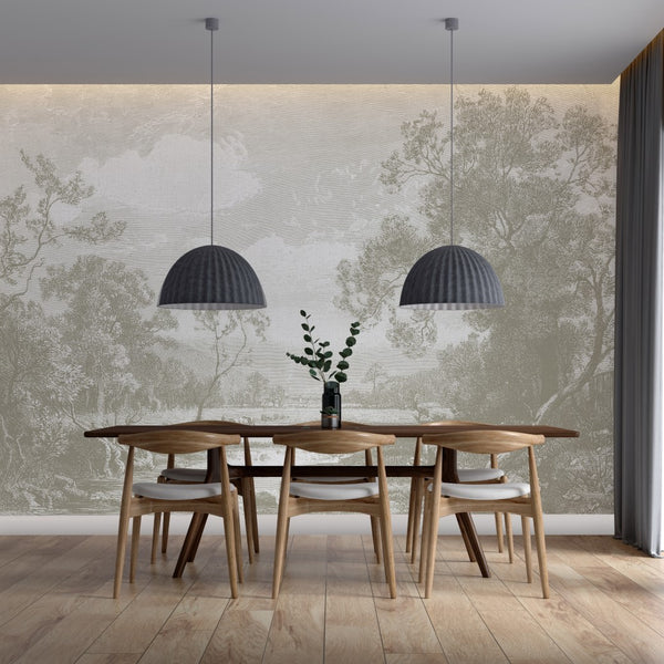 Dining Room - A modern dining room includes a wooden table with four chairs, two pendant lights above, and a vase with greenery in the center. The wall showcases Decor2Go's Tranquil Horizons Scenic Wallpaper Mural, while the floor is light wood.