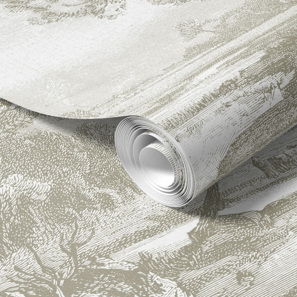 A partially unrolled roll of Decor2Go's Tranquil Horizons Scenic Wallpaper Mural reveals a subtle, textured design in gray and white with intricate patterns resembling serene horizons or abstract art against a matching background surface.