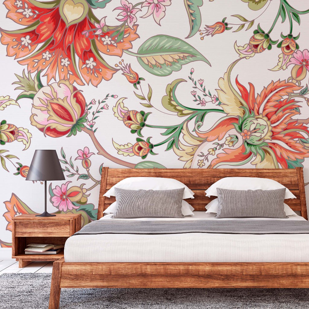 Bedroom - A modern bedroom featuring a wooden bed with white bedding, flanked by matching wooden nightstands and lamps, against a vibrant Decor2Go Wallpaper Mural.