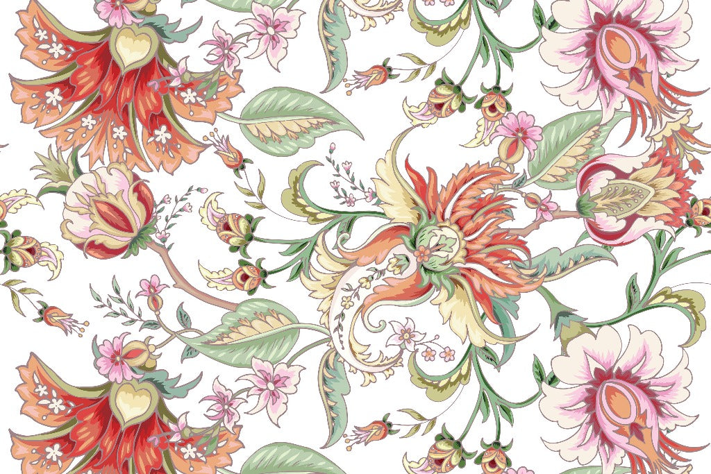 A colorful Decor2Go Wallpaper Mural featuring intricate flowers and leaves in shades of pink, orange, and green on a light background, designed with a detailed, ornate style.