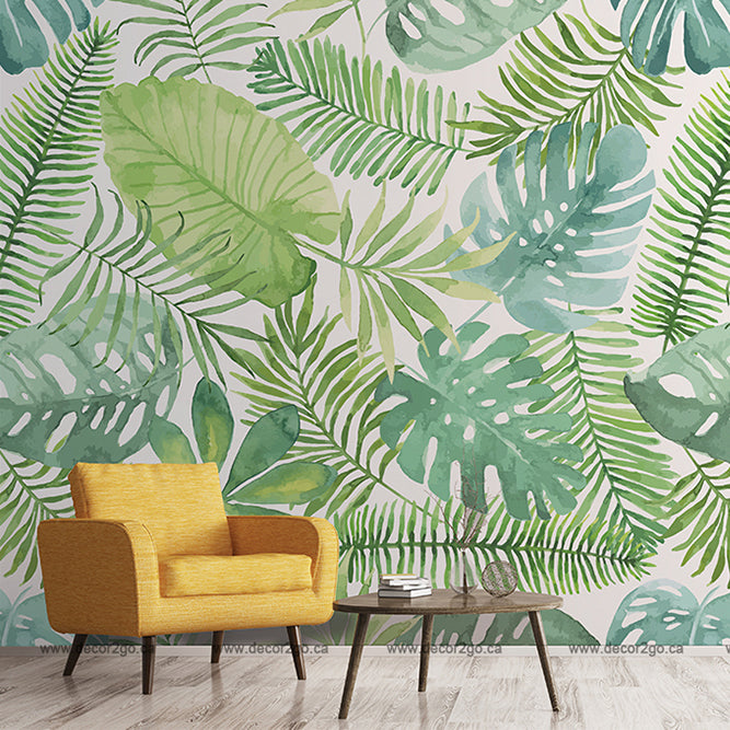 Living Room - Green tropical leaves pattern wallpaper mural. Seamless floral leaves wallpaper murals in the modern living room