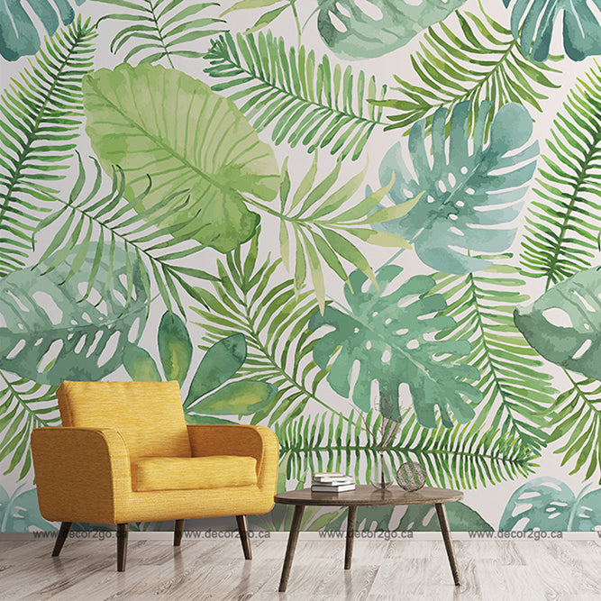 Green tropical leaves pattern wallpaper mural. Seamless floral leaves wallpaper murals in the modern living room