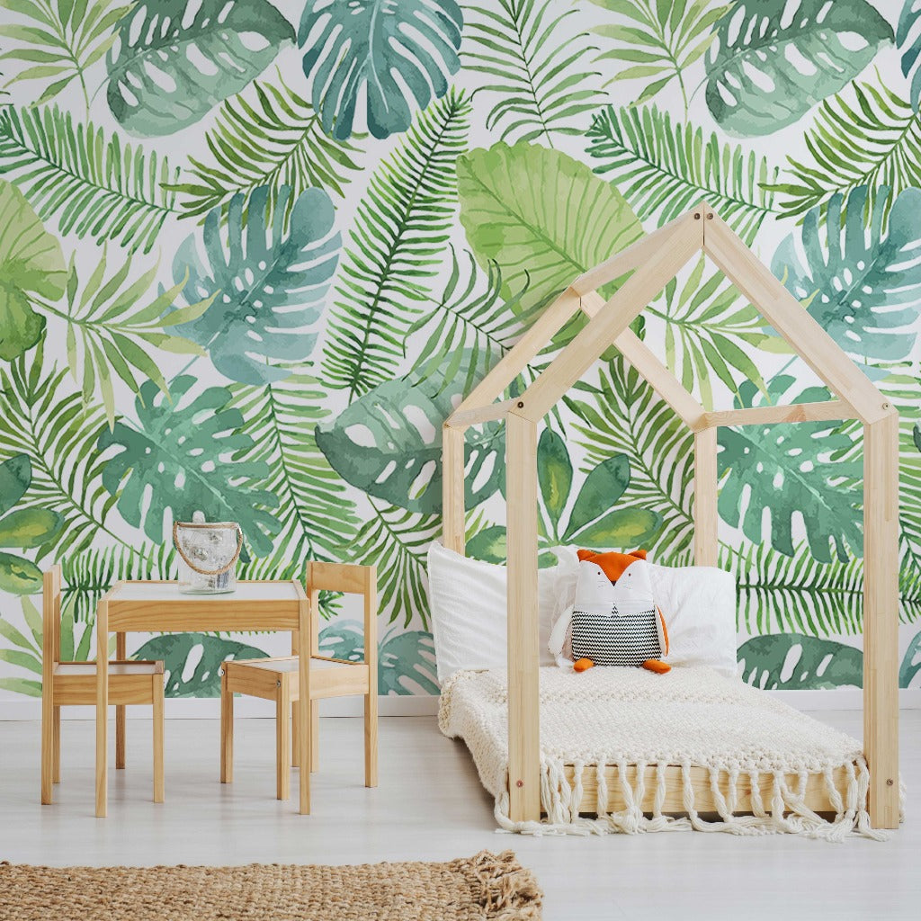 Bedroom - Green tropical leaves pattern wallpaper mural. Seamless floral leaves wallpaper murals in the kids bedroom