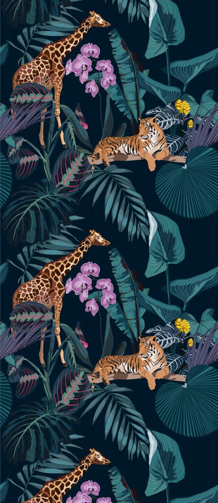 A vertical pattern featuring two giraffes and two tigers among lush tropical foliage with vibrant flowers on a dark blue background, designed as an exotic paradise wallpaper. The animals are depicted in a realistic style, like the Tropical Night Wallpaper Mural from Decor2Go Wallpaper Mural.